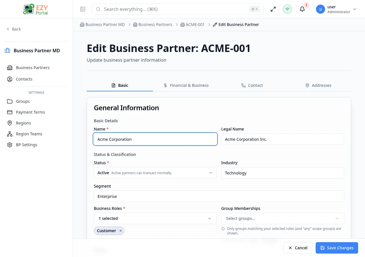 Edit Business Partner — Basic tab pre-filled with existing partner data