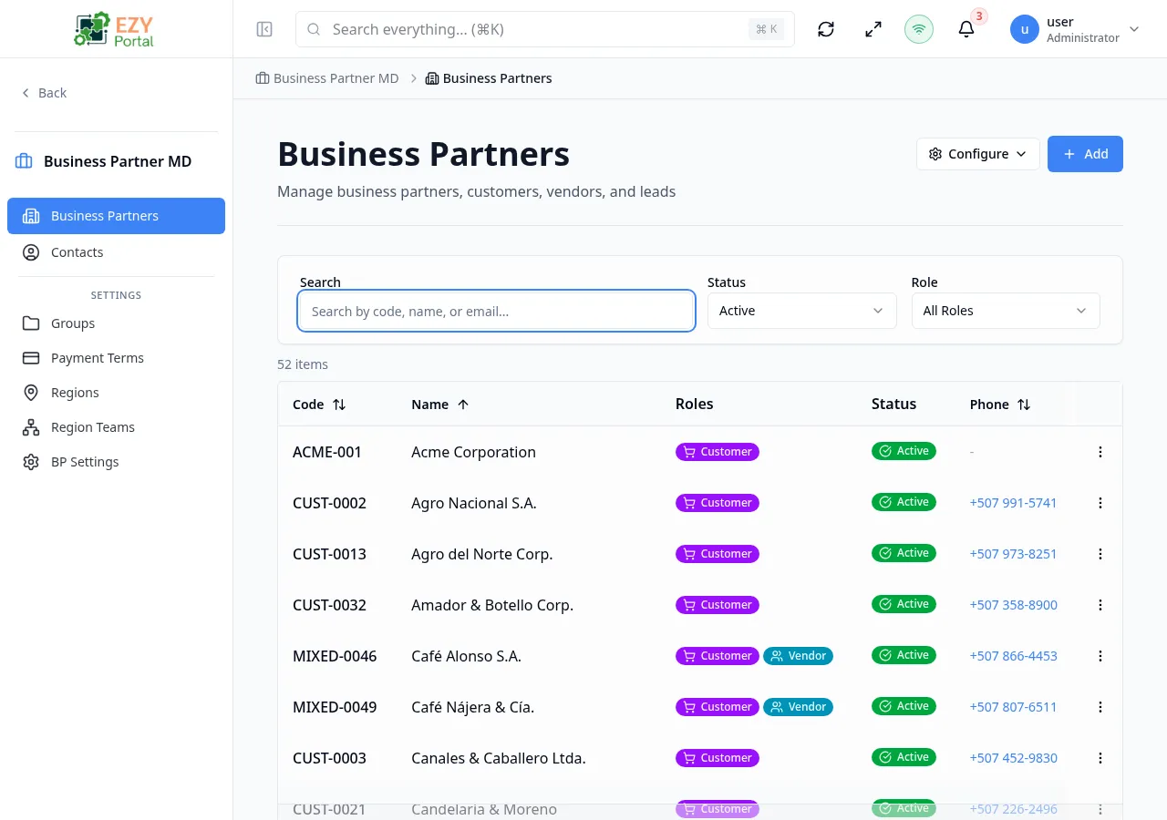 Business Partners list (populated)