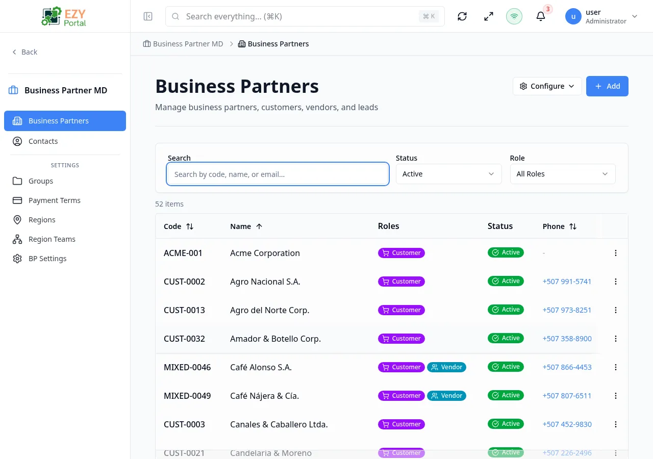 Business Partners list page