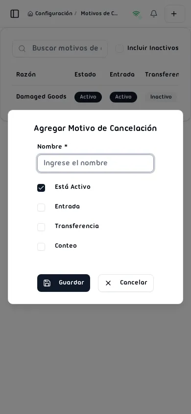 Diálogo Agregar Motivo de Cancelación con campo Nombre y casillas de proceso