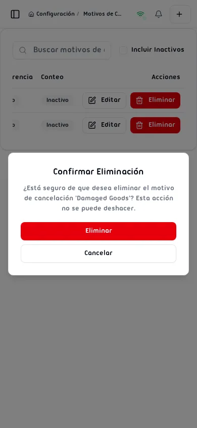 Diálogo de confirmación de eliminación con advertencia de que la acción no se puede deshacer