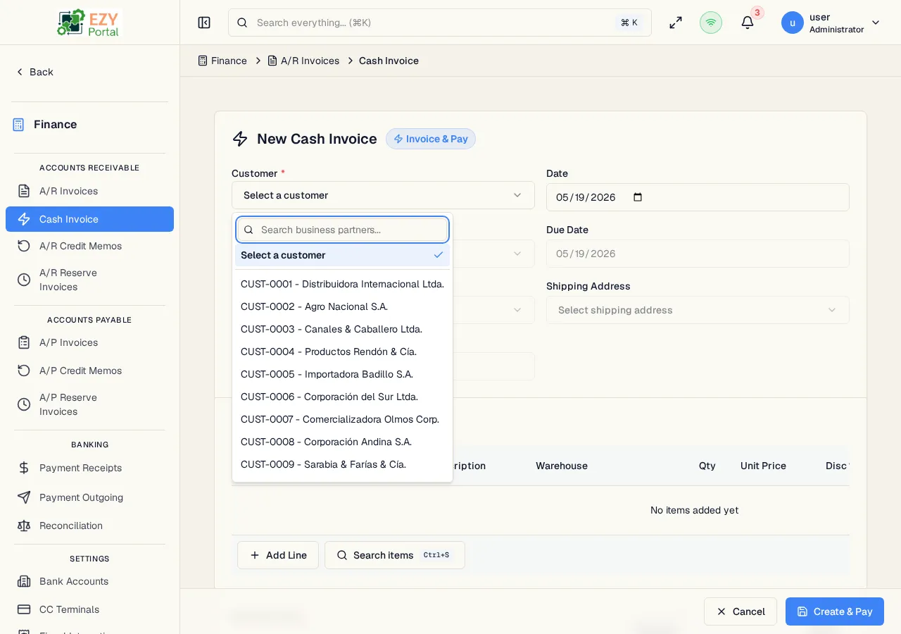 Cash Invoice form showing header fields, line items, payment details with payment method lines, and the totals panel