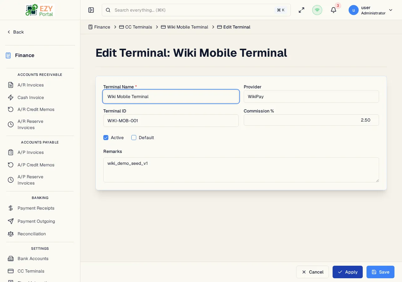 Edit CC Terminal form pre-filled with existing terminal data