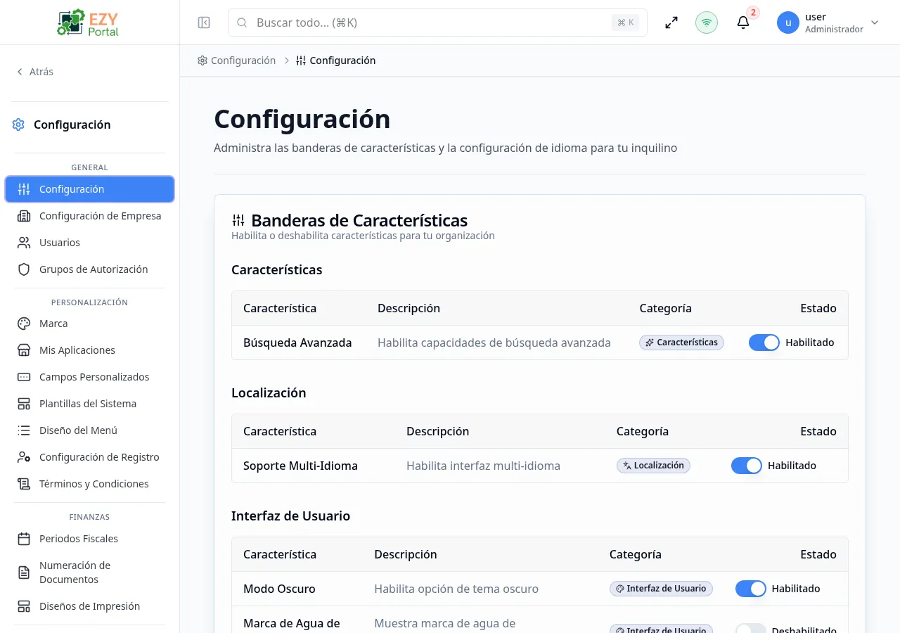 Página Configuración