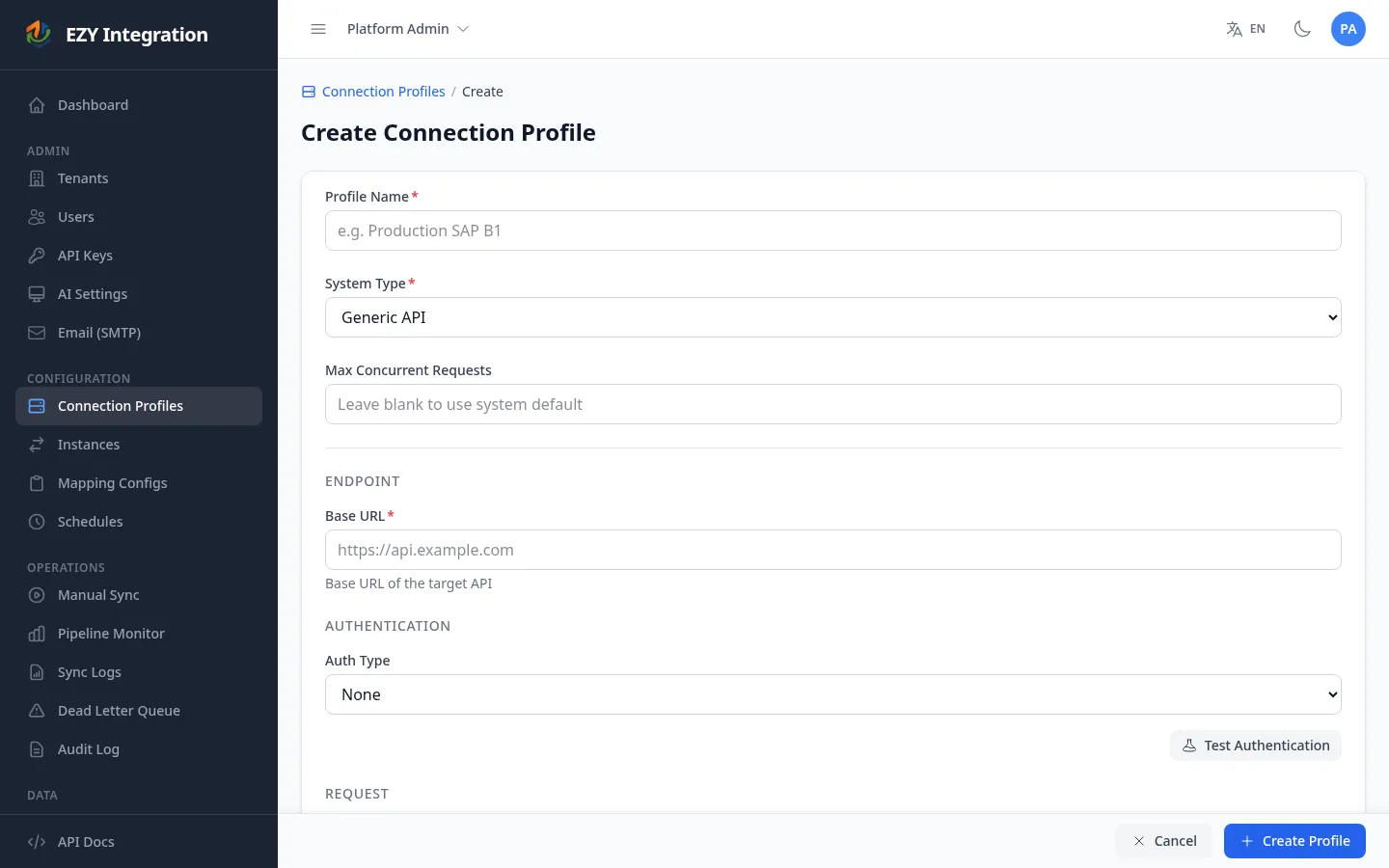 Connection profile create form