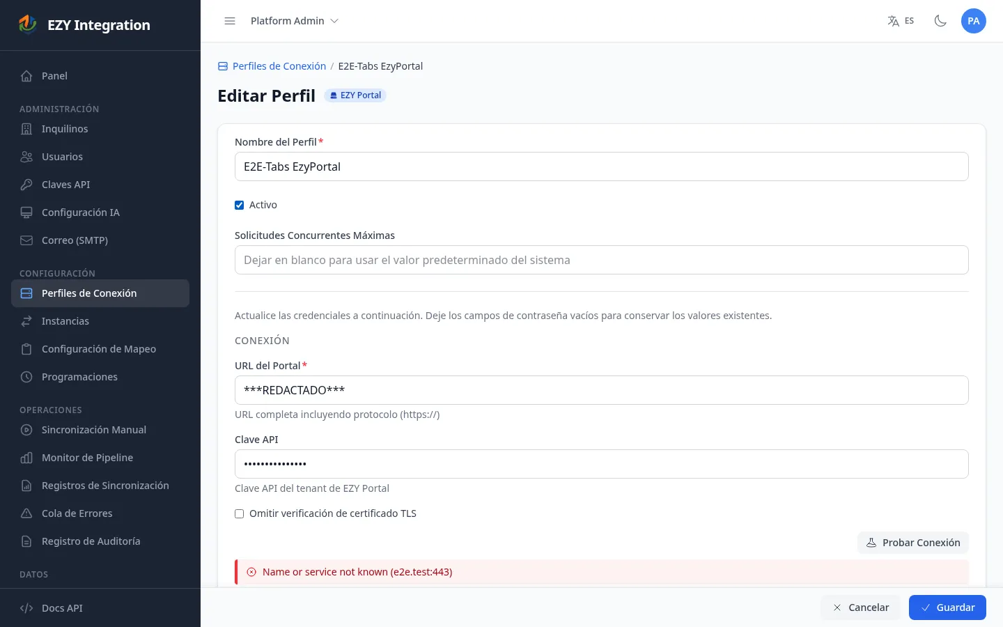 Formulario de perfil de conexión de EZY Portal