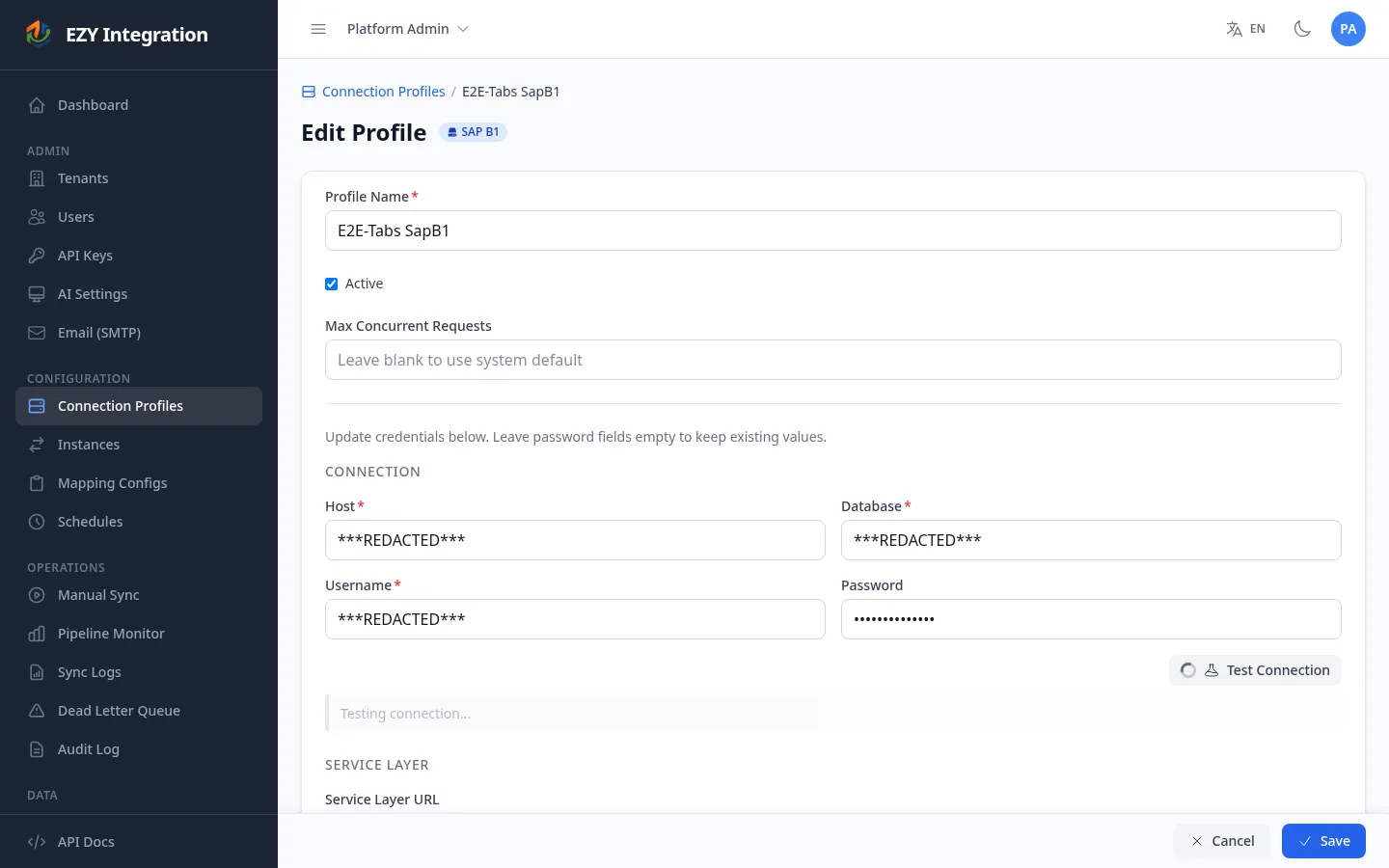 Connection profile edit form with masked credentials