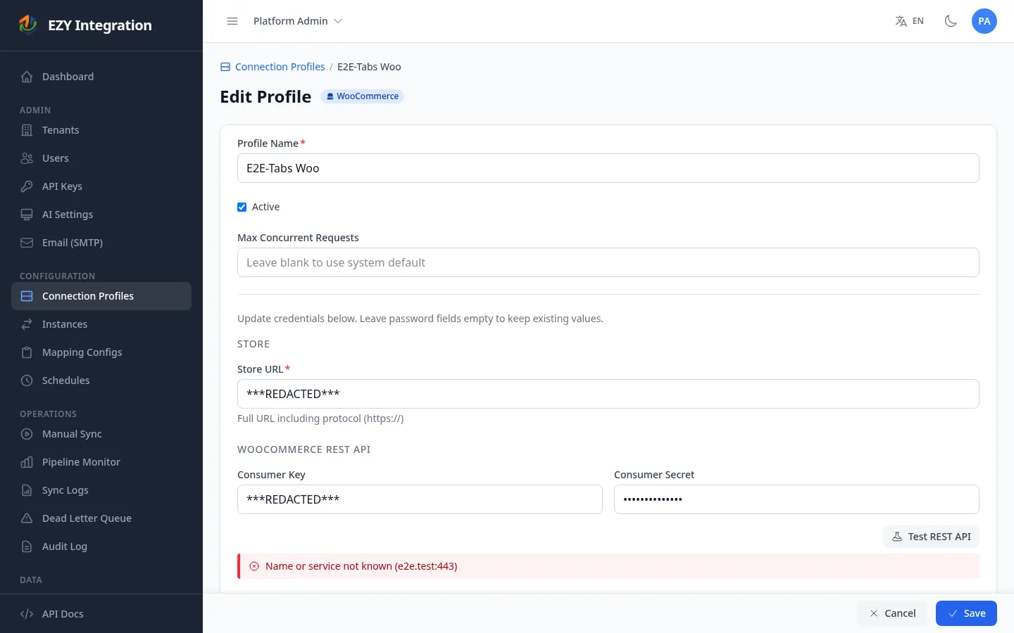 WooCommerce connection profile form