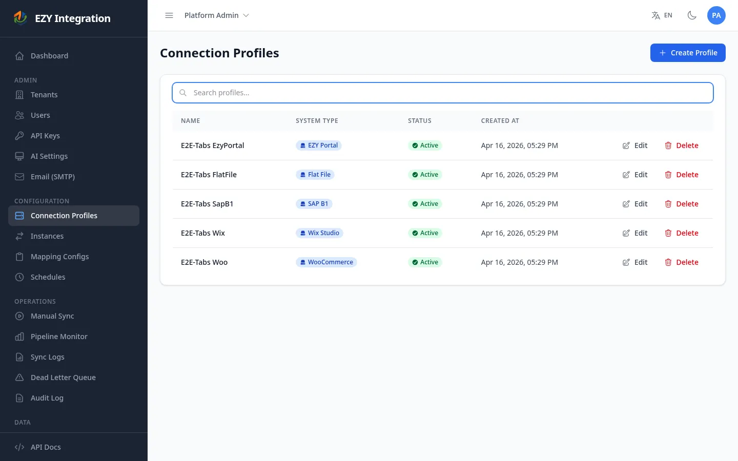 Connection Profiles list