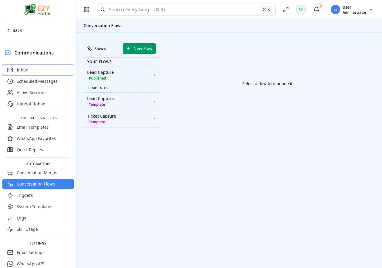 Conversation Flows page showing the flow list on the left and the Variables / Steps / Settings tabs on the right