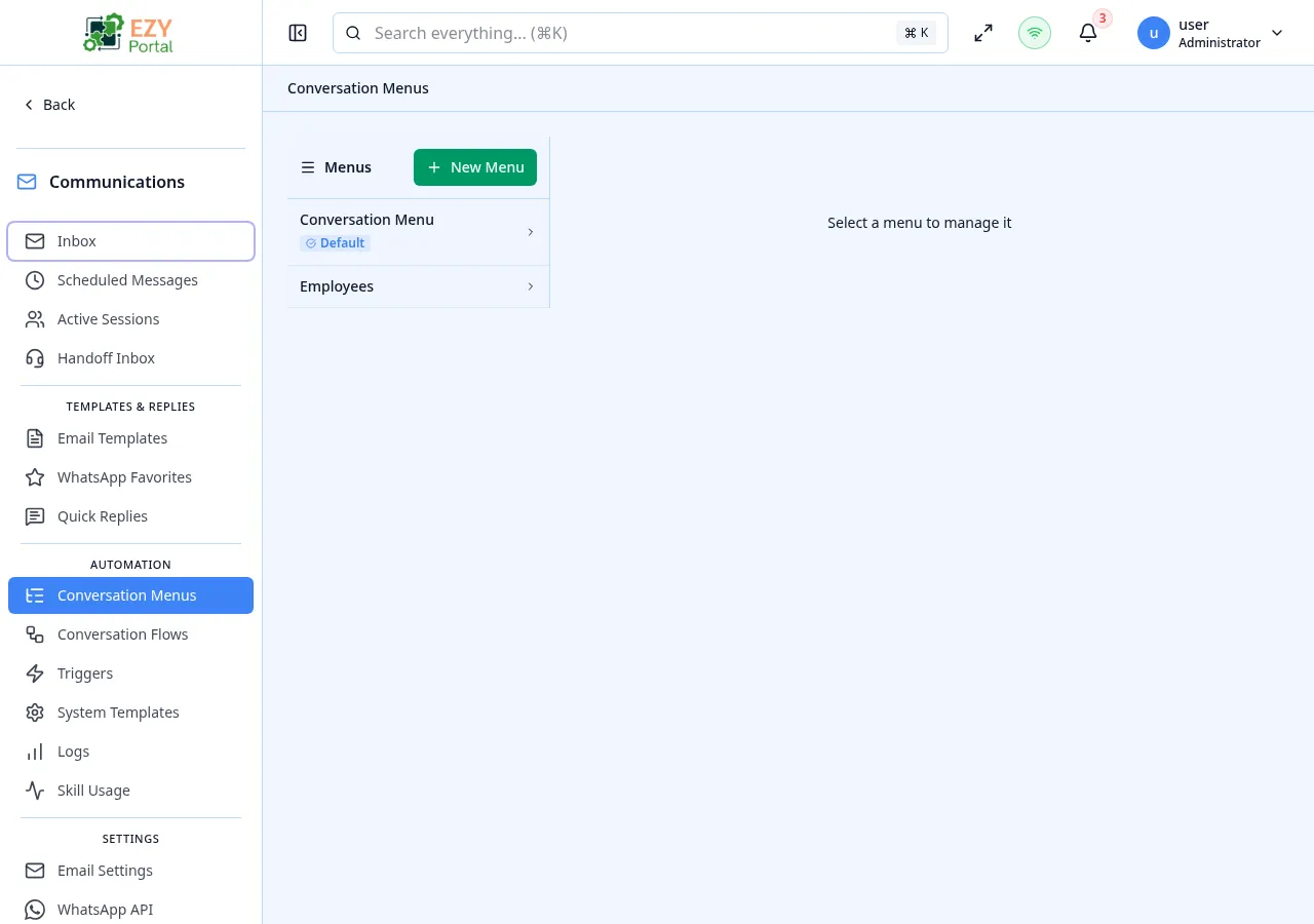Conversation Menus page showing the menu list on the left, the tree of nodes on the right, and the skill / flow / handoff node types