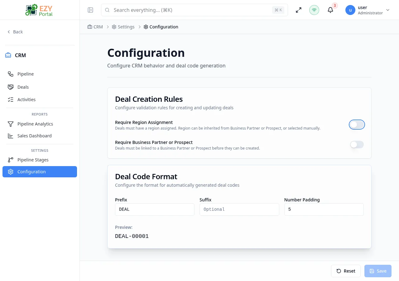 CRM Configuration page showing the Deal Creation Rules card with toggle switches and the Deal Code Format card with prefix, suffix, padding fields, and live preview