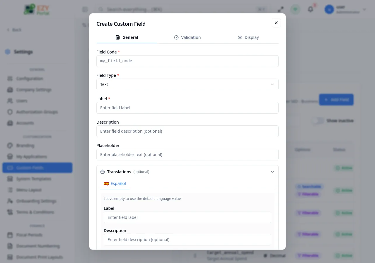 Create Custom Field dialog with the Translations section expanded showing the Spanish tab and Label/Description/Placeholder inputs