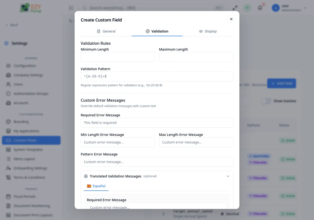 Create Custom Field dialog on the Validation tab showing min/max length, validation pattern, custom error messages, and the expandable Translated Validation Messages section