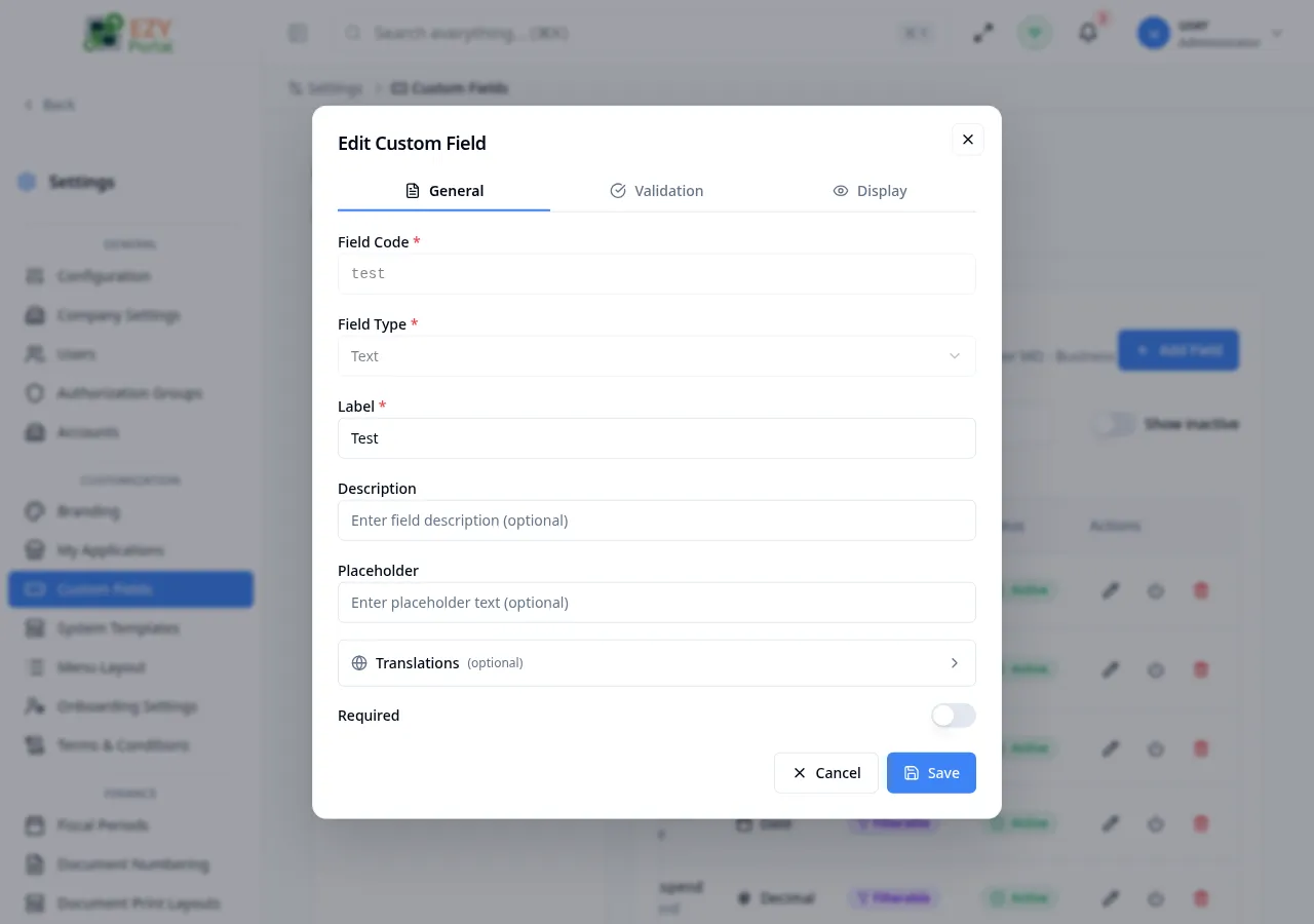 Edit Field dialog pre-filled with the existing field's values, with Code and Type fields disabled