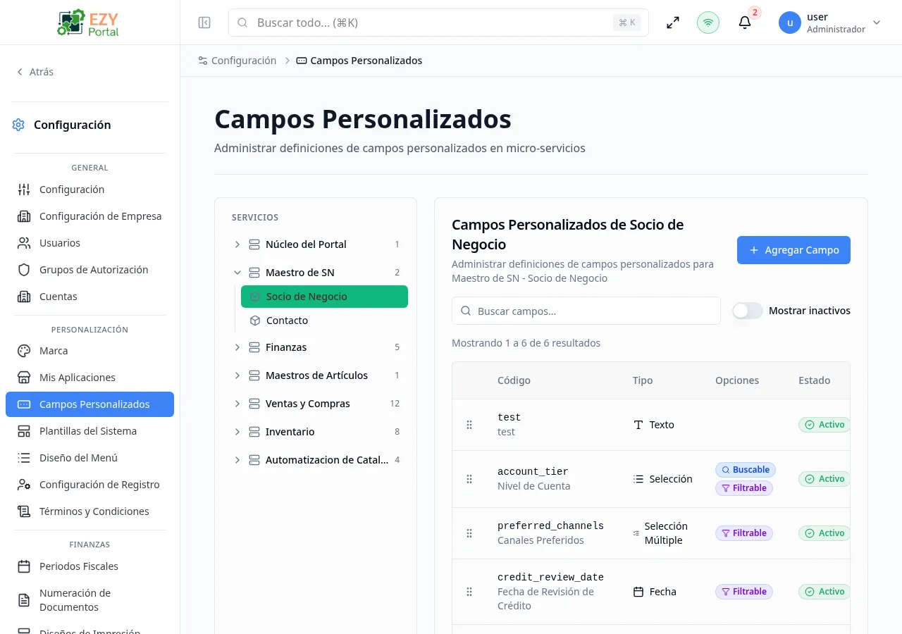 Página Campos Personalizados con el árbol de entidades a la izquierda y la tabla de definiciones de campos con filas a la derecha