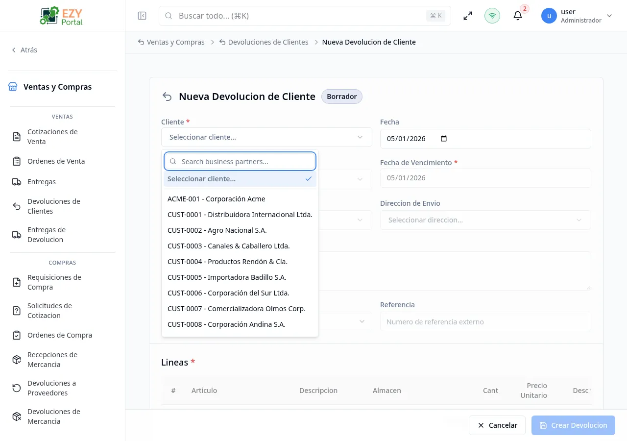 Formulario de creación de devolución de cliente mostrando cliente seleccionado, fecha del documento, motivo de devolución y una línea con artículo y cantidad