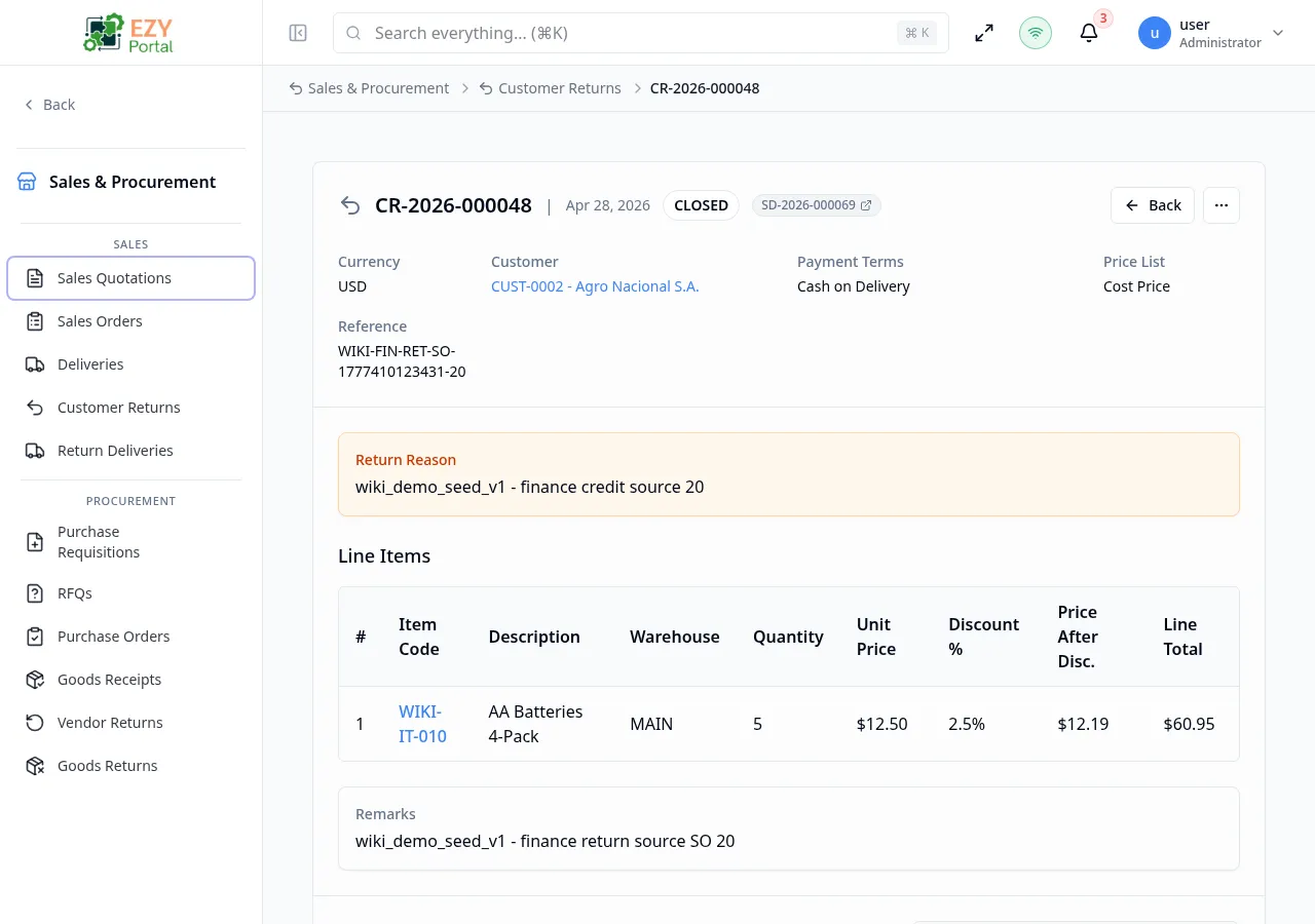 Customer Return Detail page showing document header with customer, date, return reason, status badge, and action buttons with line items table