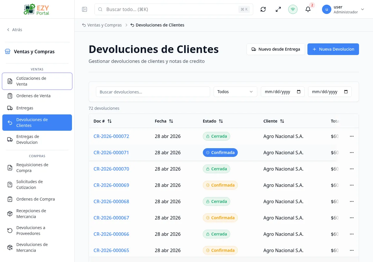 Página de lista de Devoluciones de Cliente mostrando múltiples devoluciones con columnas de Doc #, cliente, fecha, estado y total general