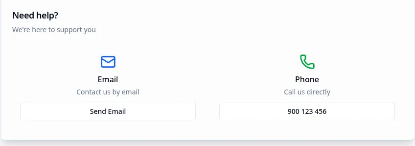 Help section card showing Email and Phone support options
