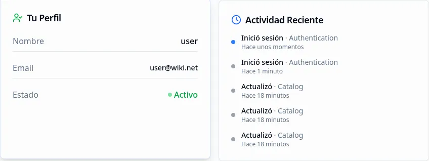 Tarjeta de resumen de perfil (izquierda) y tarjeta de Actividad Reciente (derecha)