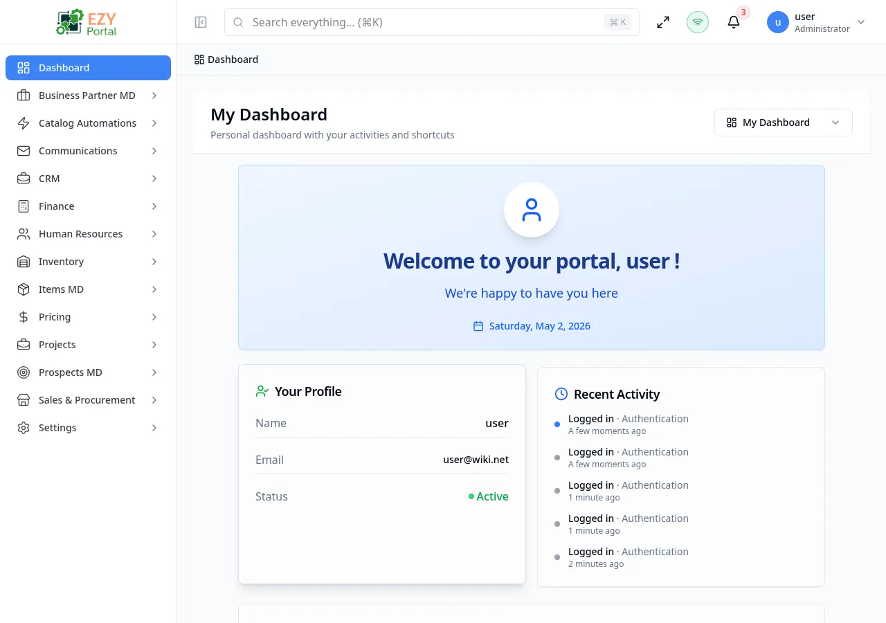 Dashboard page showing My Dashboard for a standard user