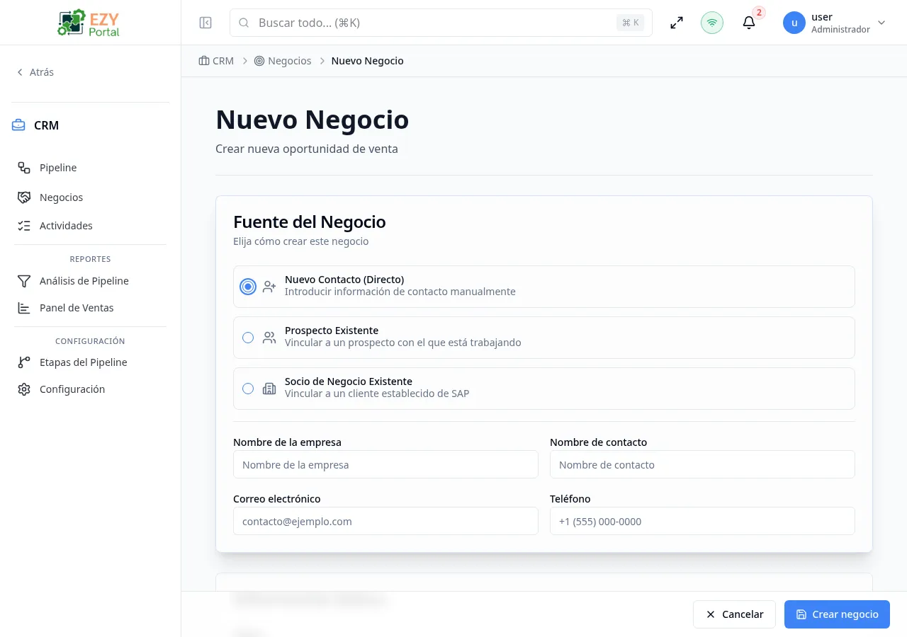 Formulario Crear Negocio mostrando las opciones de origen del negocio y la sección Información Básica con campos de título, etapa, monto y probabilidad