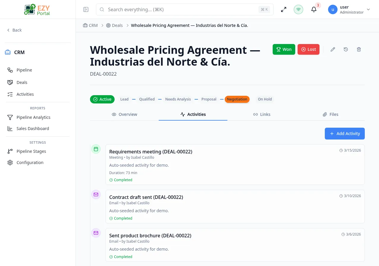 Deal Detail Activities tab showing a chronological timeline of logged calls, emails, meetings, and notes