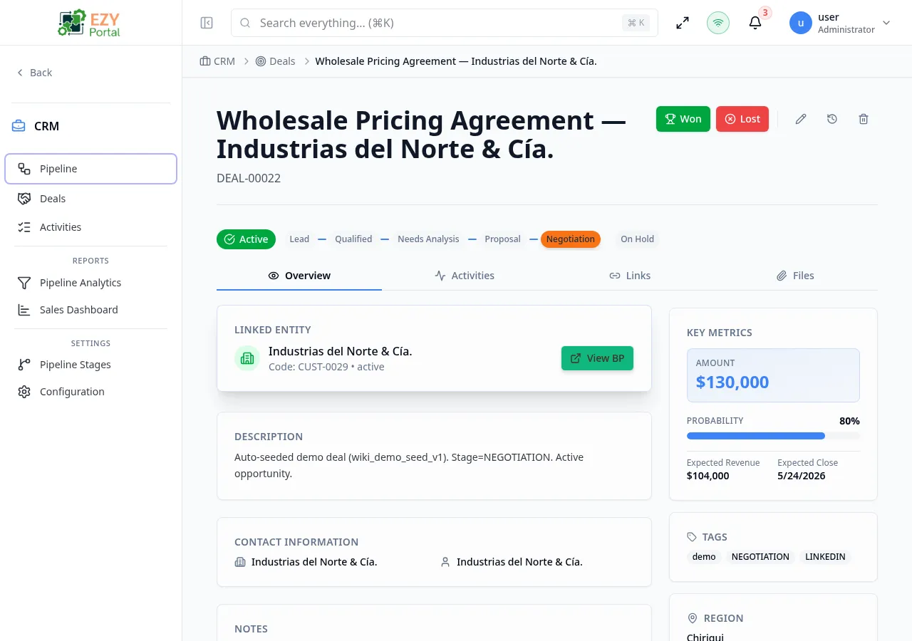 Deal Detail page showing stage progress bar, key metrics sidebar, contact information, and Overview tab content