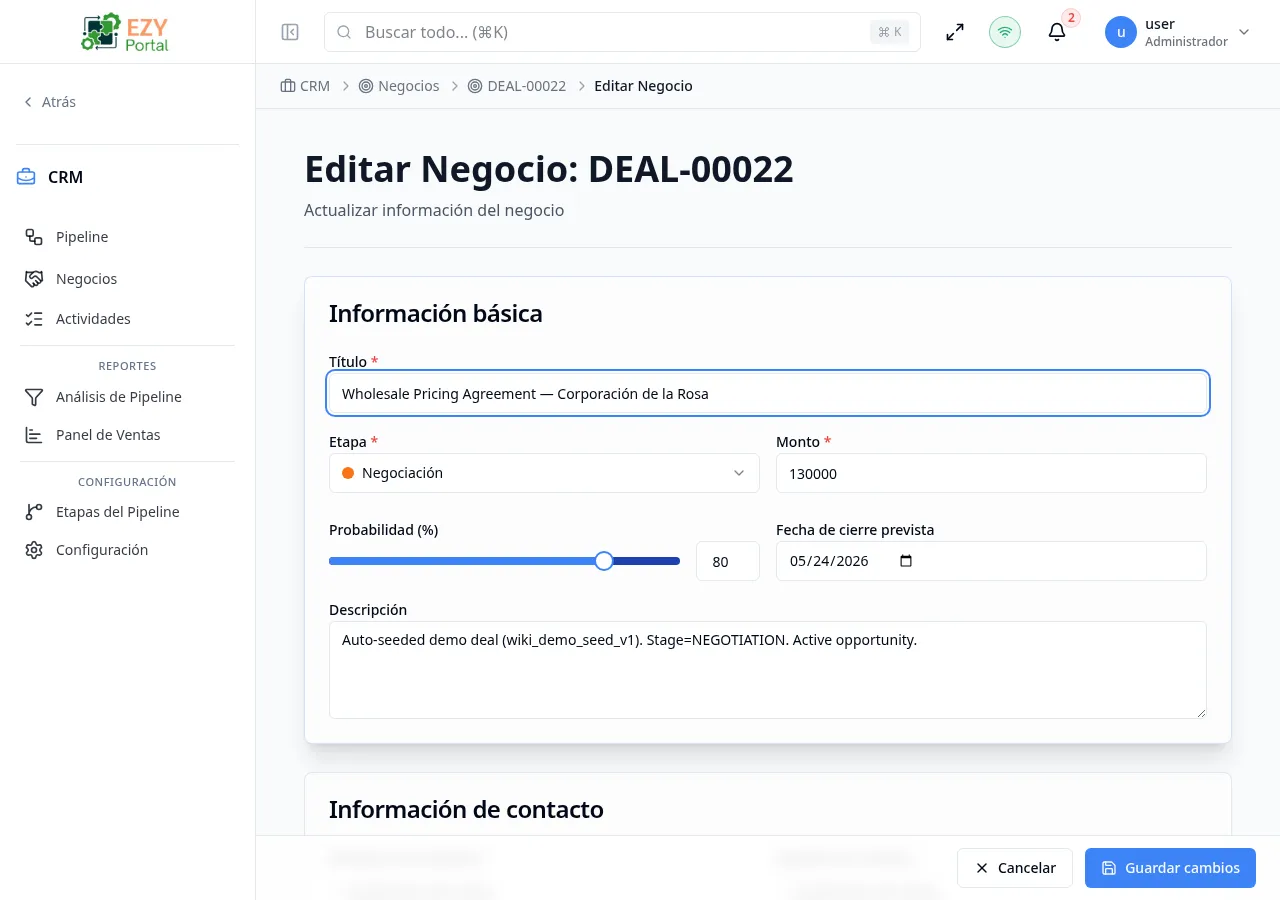 Formulario Editar Negocio mostrando la sección Información Básica pre-llenada con título, etapa, monto y probabilidad actuales del negocio