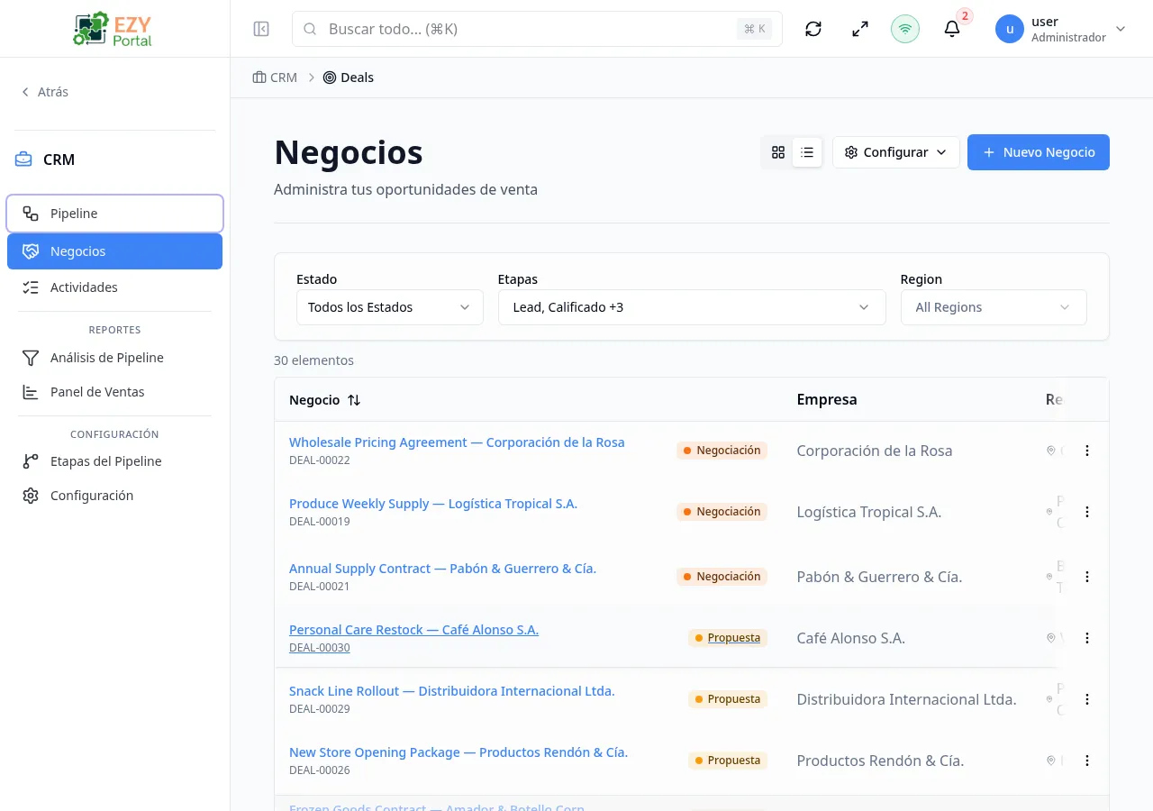 Lista de Negocios con filas de datos mostrando título del negocio, etapa, monto, probabilidad y columna de estado