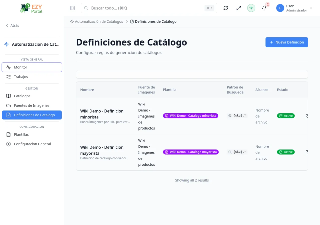 Página de lista de definiciones mostrando definiciones de catálogo con columnas de fuente de imágenes, plantilla, patrón de búsqueda, alcance y estado