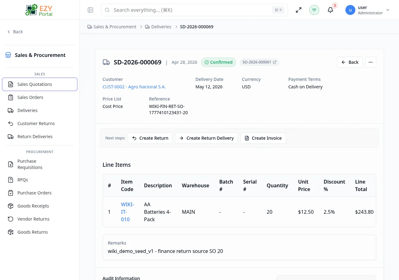 Delivery Detail page showing document header with customer, delivery date, carrier, tracking number, status badge, action buttons, and line items table