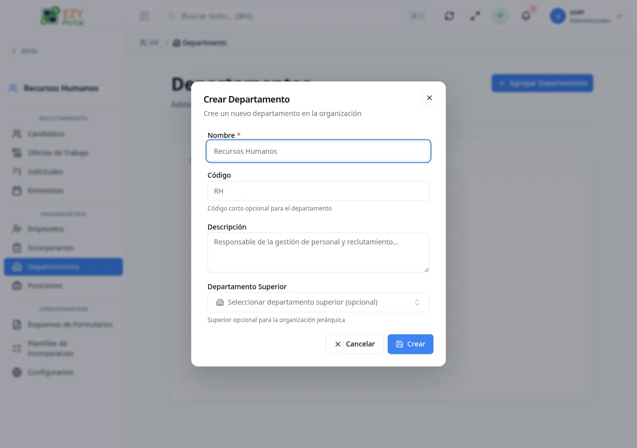 Diálogo Crear Departamento con los campos Nombre, Código, Descripción, Departamento Superior y Activo