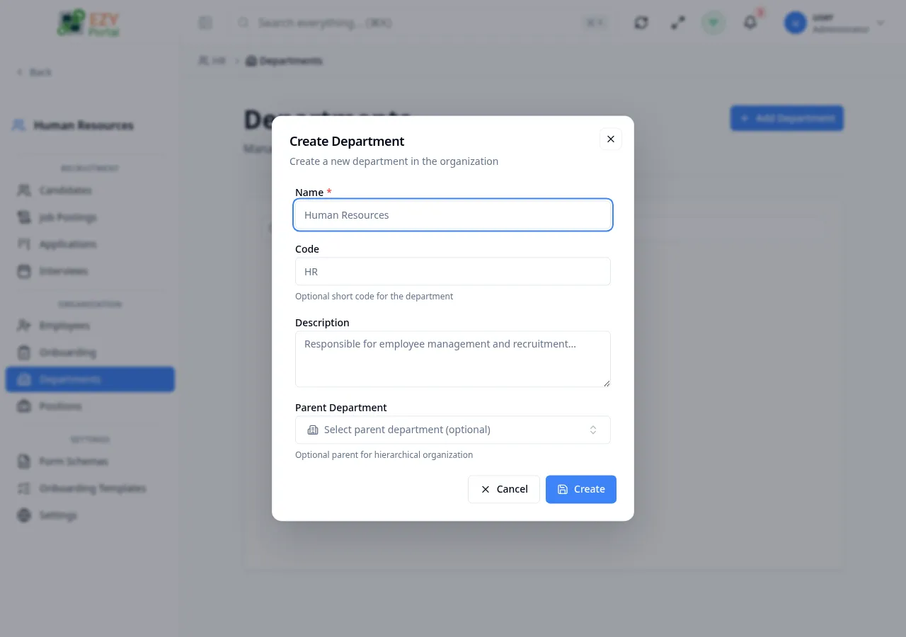Create Department dialog with Name, Code, Description, Parent Department, and Active fields
