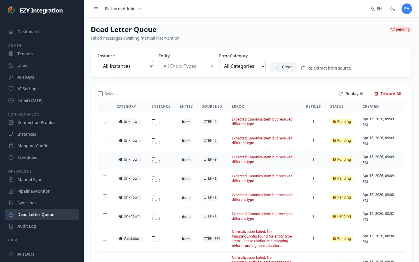 DLQ list page