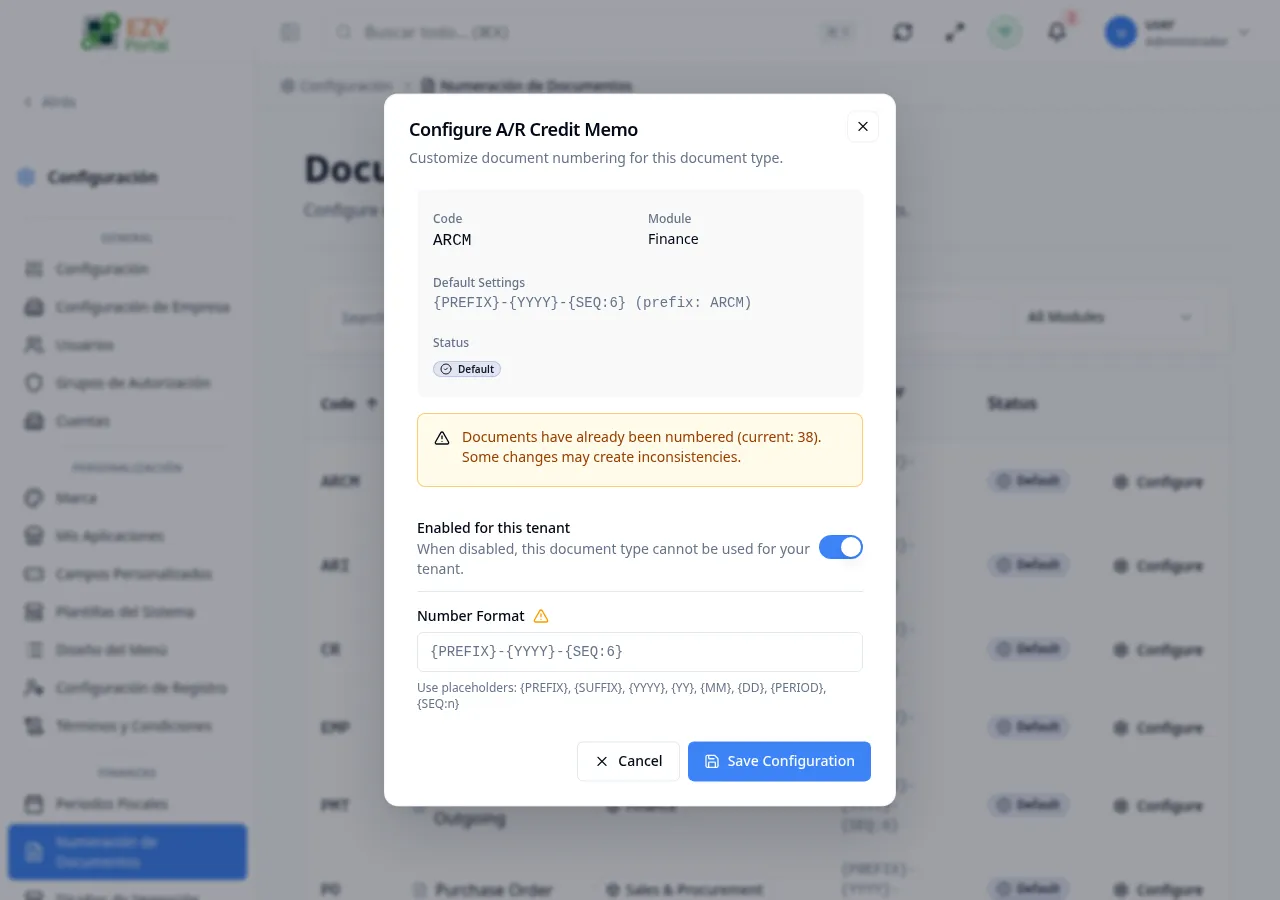 Panel de configuración de Numeración de Documentos mostrando campos de formato, prefijo, sufijo, número inicial y opciones de secuencia