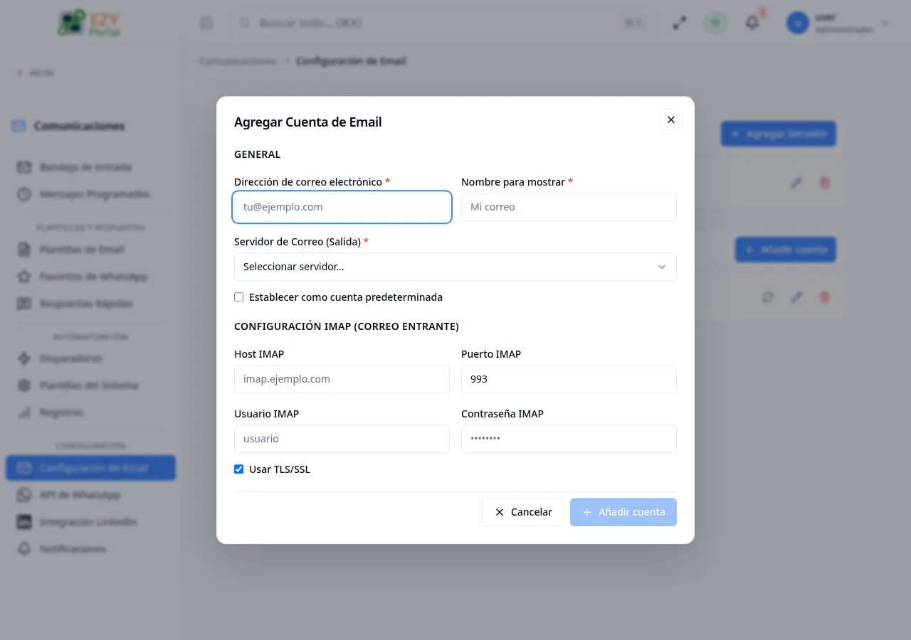 Cuadro de diálogo Agregar cuenta de correo con campos de Dirección de correo, Nombre visible, Servidor de correo, Es predeterminada y configuración IMAP