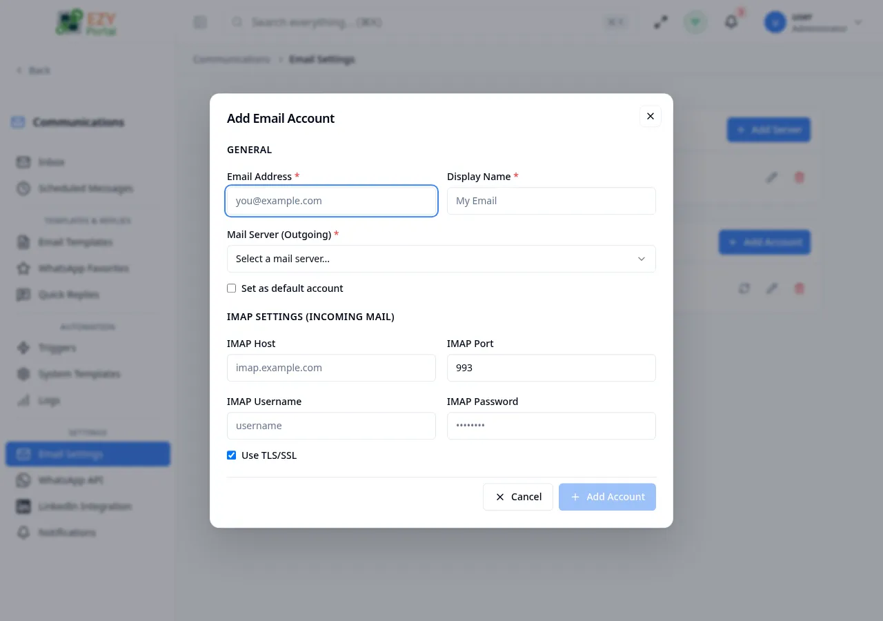Add Email Account dialog showing Email Address, Display Name, Mail Server selector, Is Default toggle, and IMAP settings