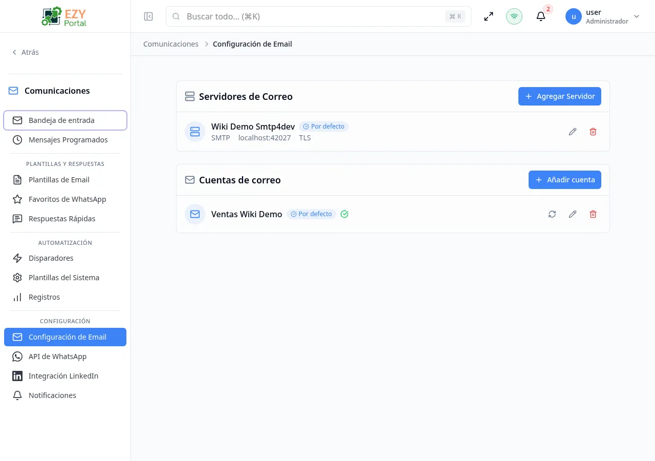 Página de Configuración de Correo mostrando la sección Servidores de correo con una entrada de servidor y la sección Cuentas de correo con una entrada de cuenta