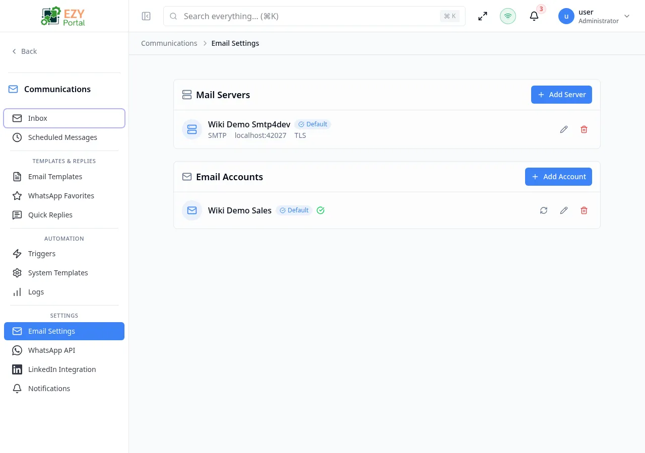 Email Settings page showing a Mail Servers section card with one server entry and an Email Accounts section card with one account entry
