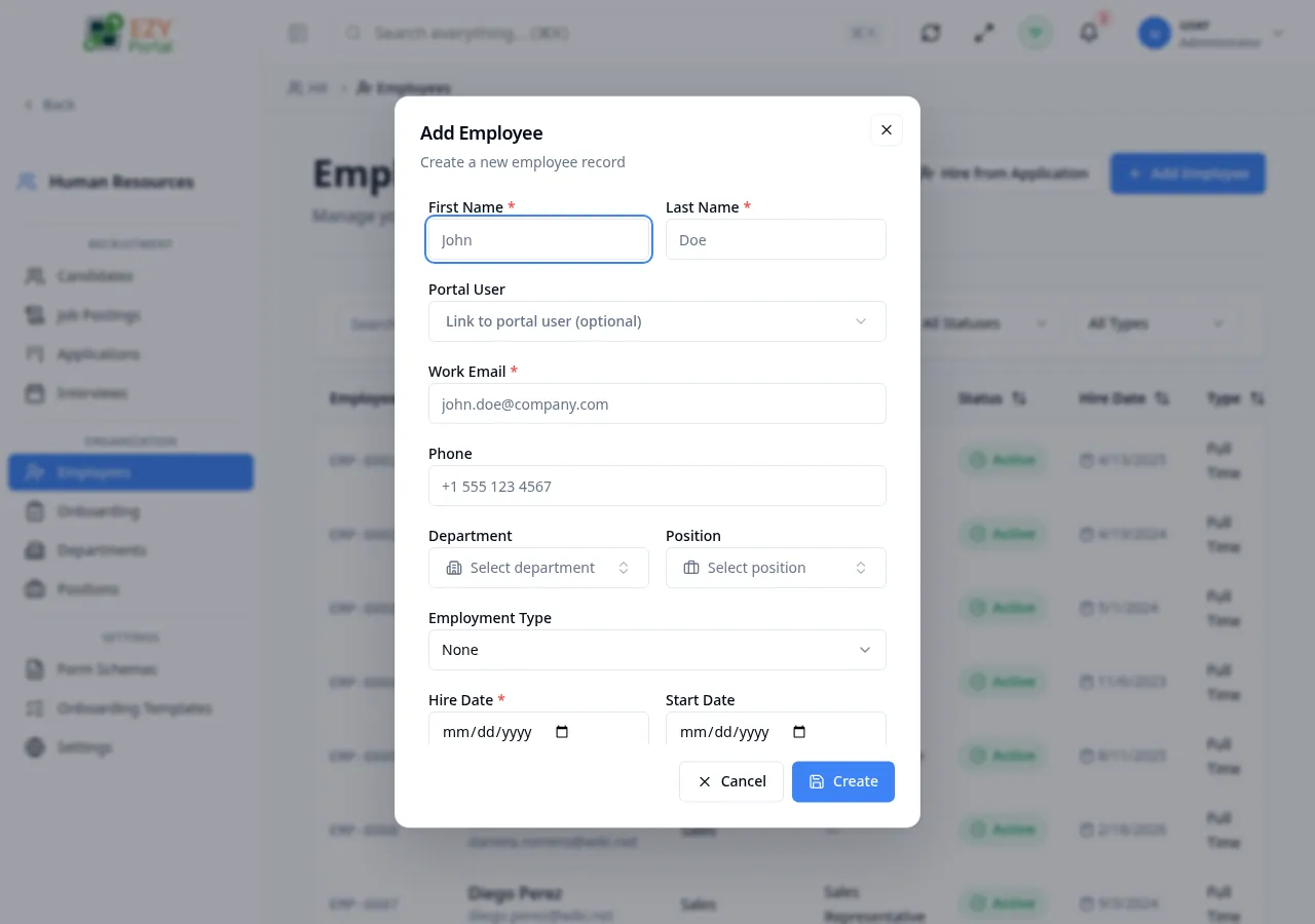 Create Employee dialog with fields for First Name, Last Name, Work Email, Employee Number, Department, Position, Manager, Hire Date, Employment Type, and Status