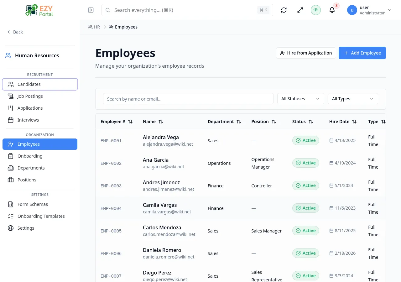 Employees list showing Employee #, Name, Department, Position, Status, Hire Date, and Type columns with several populated rows