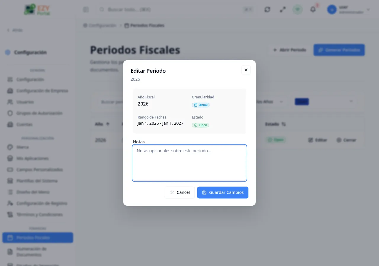 Diálogo Generar Periodos Fiscales con los campos Año Fiscal, Granularidad y Fecha de Inicio completados