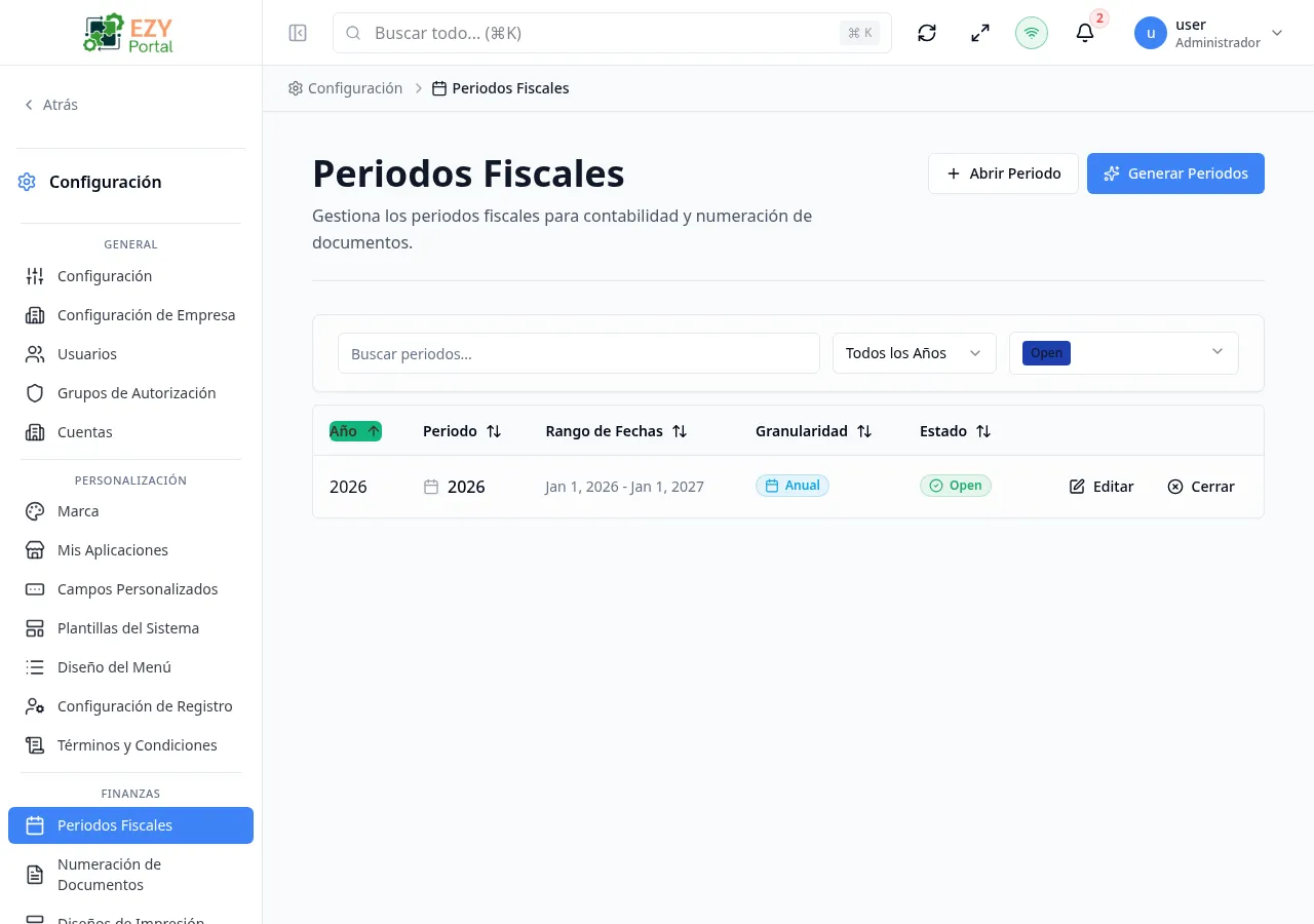 Menú de acciones de fila de Periodos Fiscales mostrando las opciones Editar y Cerrar Periodo