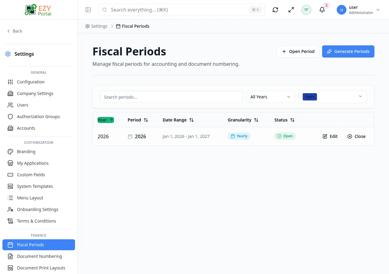 Fiscal Periods row actions menu showing Edit and Close Period options