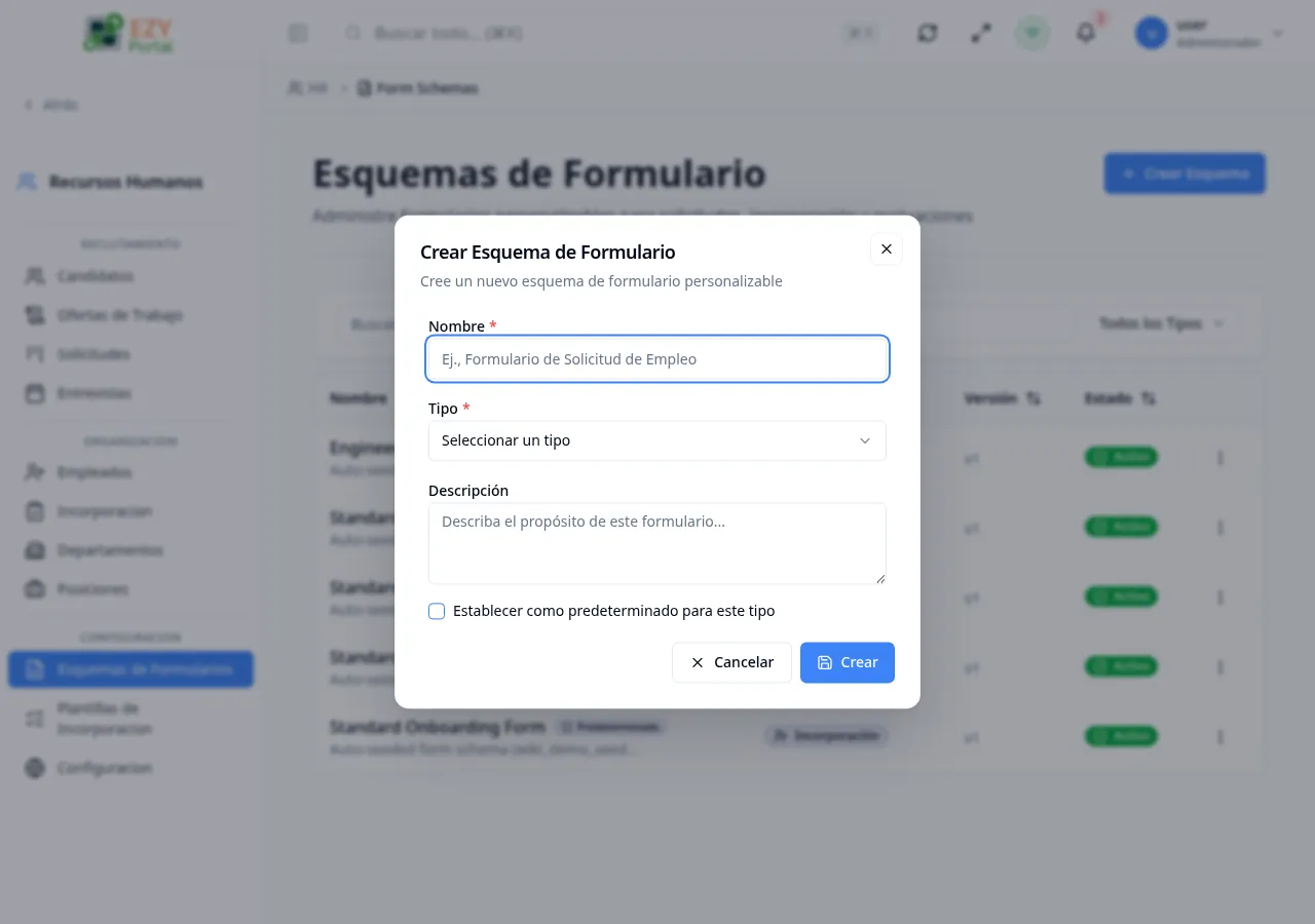 Diálogo Crear Esquema de Formulario con los campos Nombre, Tipo, Descripción y Establecer como predeterminado