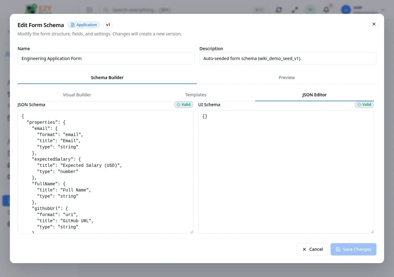 JSON Editor tab of the form schema editor showing the raw schema JSON definition