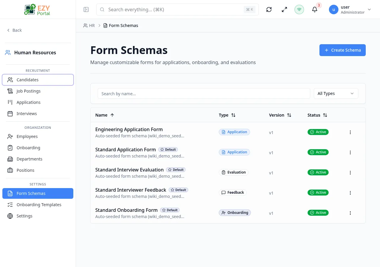 Form Schemas list showing Name, Type, Version, Status, and Created columns with Default badges on selected rows