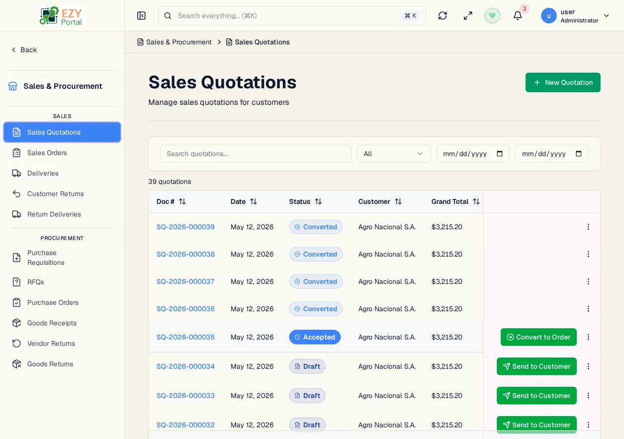 Goods Receipts list page showing document number, date, status, vendor, and grand total columns